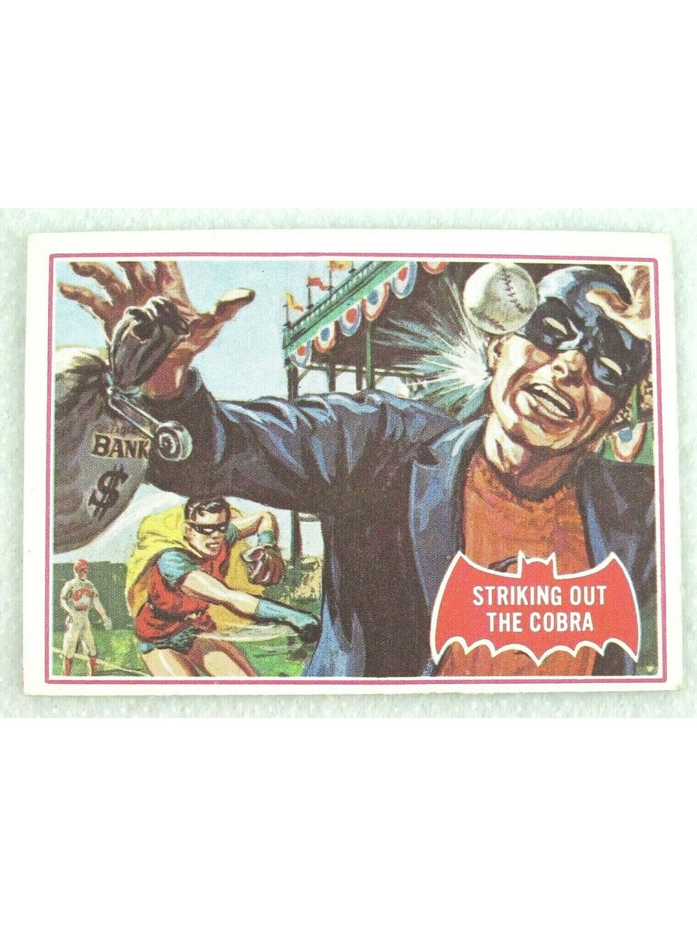 1966 Topps Batman Red Bat Puzzle Back Card #27A Striking out the Cobra bw RARE!
